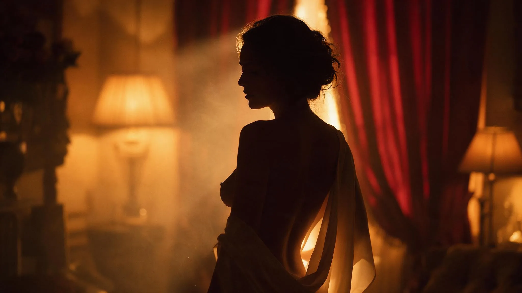 Fictional adult model in a warm boudoir interior, used as a text-to-image prompt