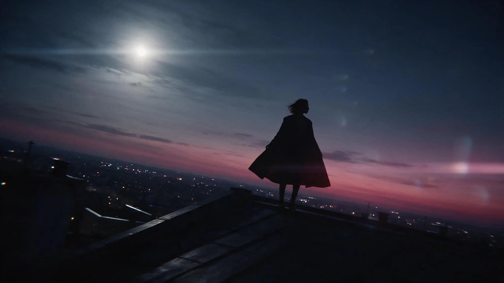 Fictional adult model in cool rooftop light, used as an edit direction